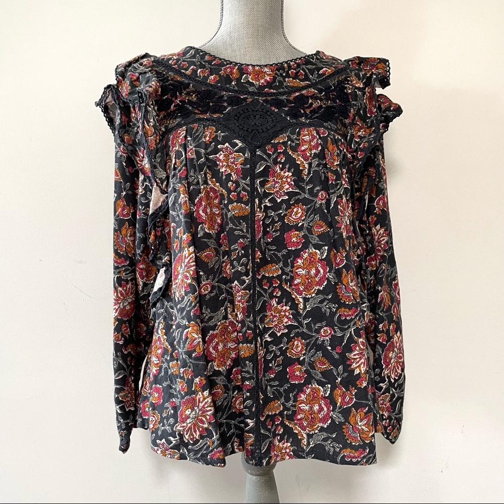 Louizon floral print ruffle blouse crochet detail designer sample cottagecore